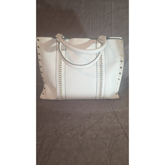 Kate Landry White Faux Pebbled Leather Gold Chain Studded Large Tote Bag. HL8 - Picture 2 of 7